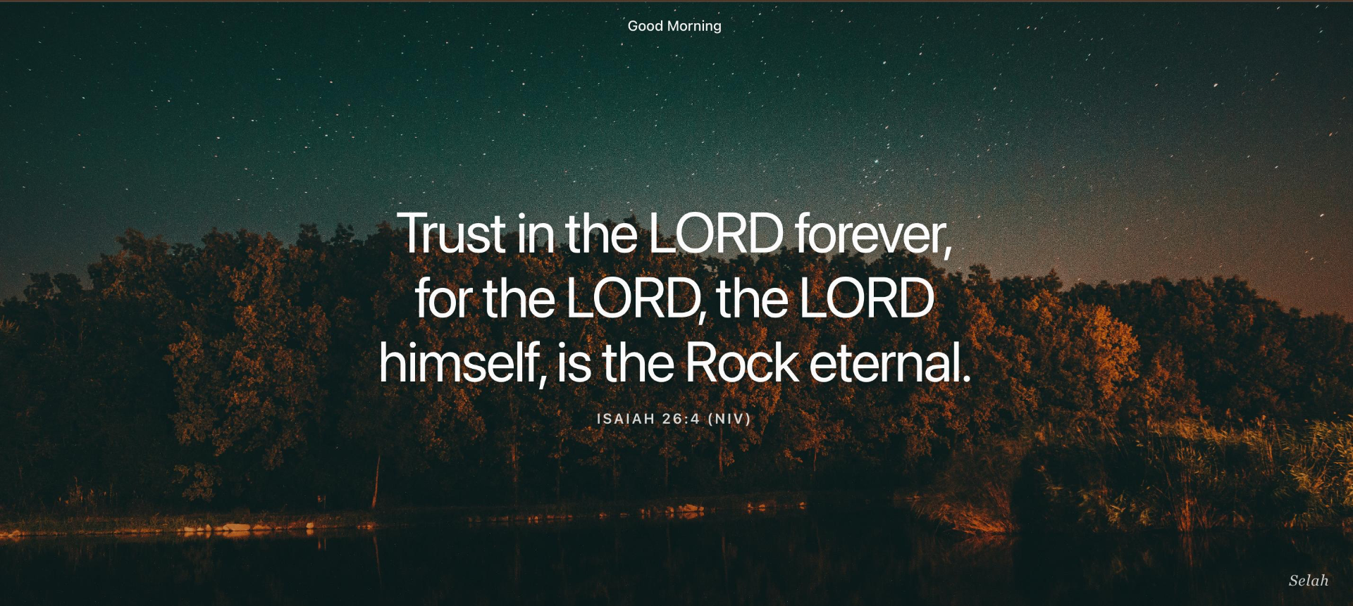 Selah new tab showing a starry sky with a verse from Isaiah